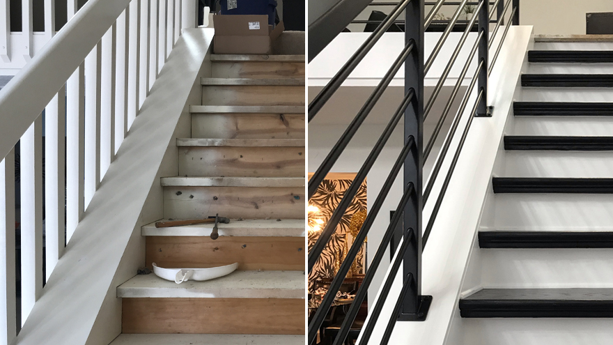 Remodelled stairs and risers. The horizontal bar railing system transforms the home.