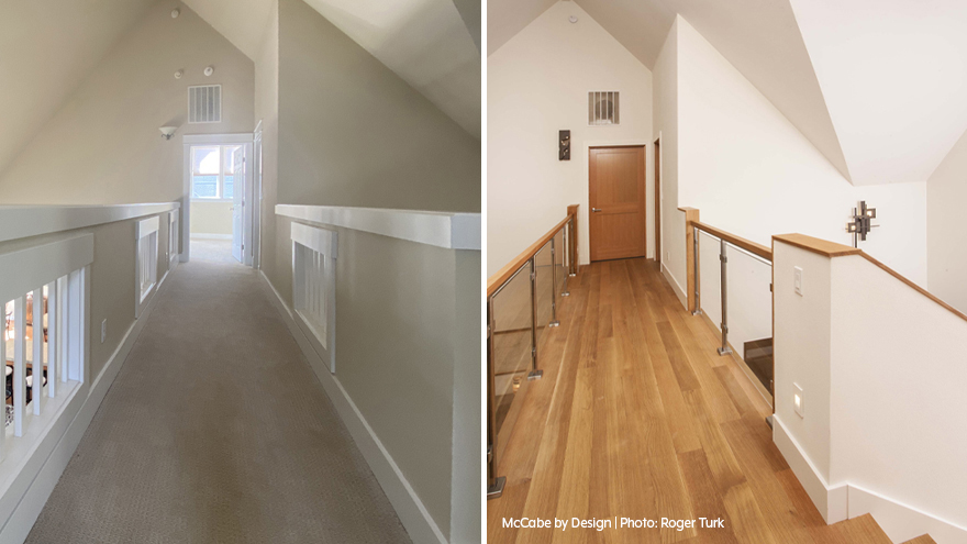 before and after glass handrail remodel photo.