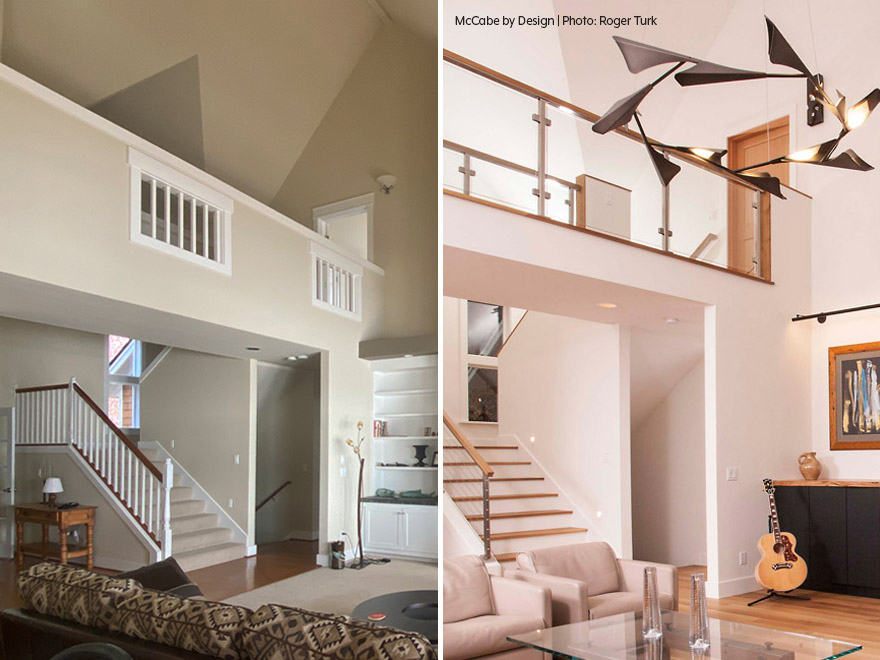 Before and after cable stair railing photo.