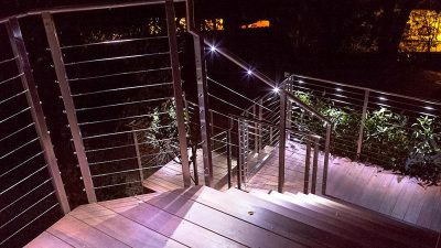 Woodside staircase railing with inset handrail lighting is ideal for a California deck rail. The homeowner of this California deck railing remodel added microlights to the custom railing handrail.