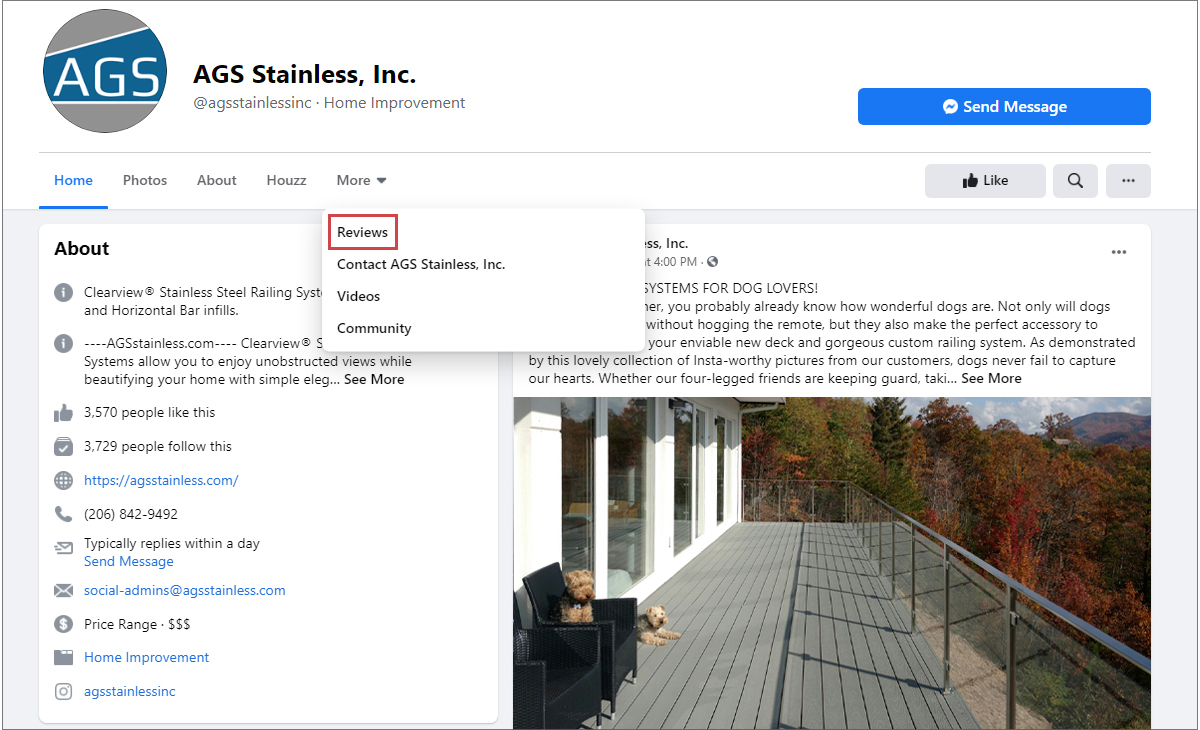 How to review AGS Railing Systems on Facebook navigate to the review button.