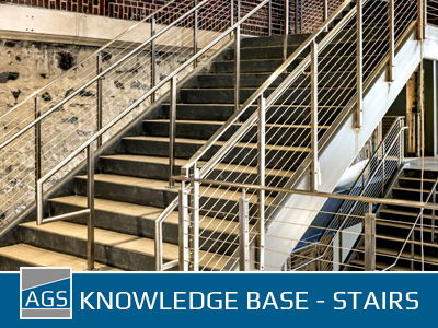 AGS Knowledge base - stairs. Features a picture of Rainier cable railing in a commercial setting.