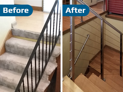 Before and After Cable Railing on Staircase