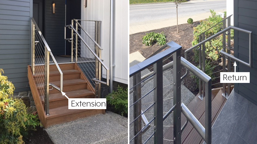 Handrail extensions and returns on stairs for a commercial porch railing system.