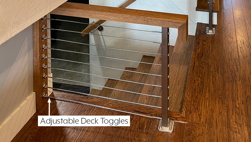 Deck toggles are a type of cable railing fitting used to install cable rail to wood posts and other surfaces.