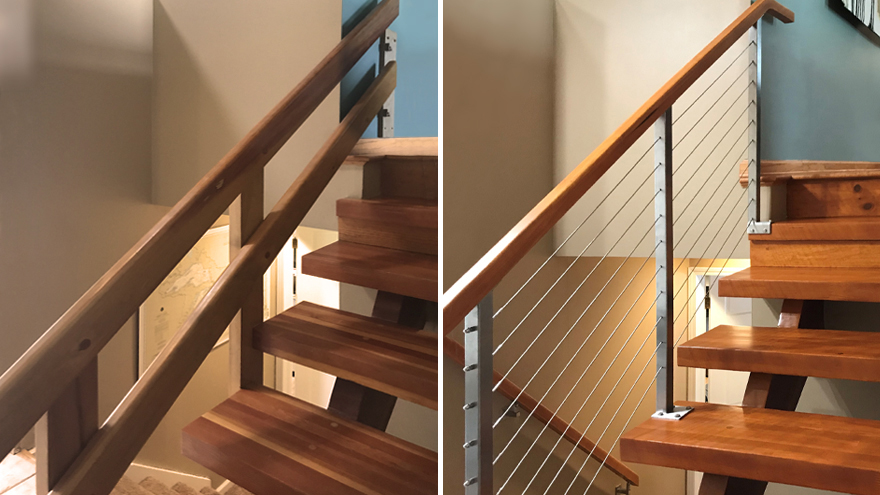 refinished steps and cable rail on steps, home railing remodel.