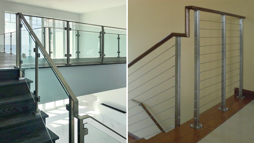 Handrail transition on stair, 90 degree turn. Image shows gooseneck wood handrail and gooseneck flat steel handrail.