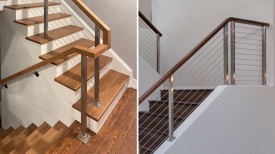 top mount stair railing system. Cable rail on stairs.