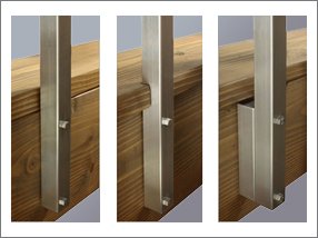 side mount railing posts, example with spacer and notched decking edge.