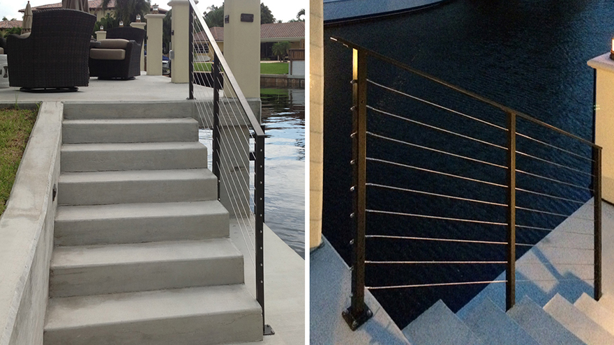 Cable railing on steps and stairs.