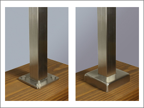 Examples of top mounted railing posts, one with a base plate cover