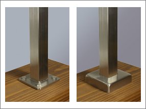 top mount railing posts, one with a base plate cover.