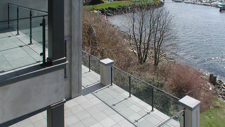 Glass panel railing system, balcony railing and deck railing are also featured.