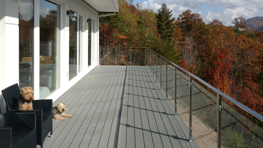 Two dogs relax on a deck with beautiful glass panel railing.