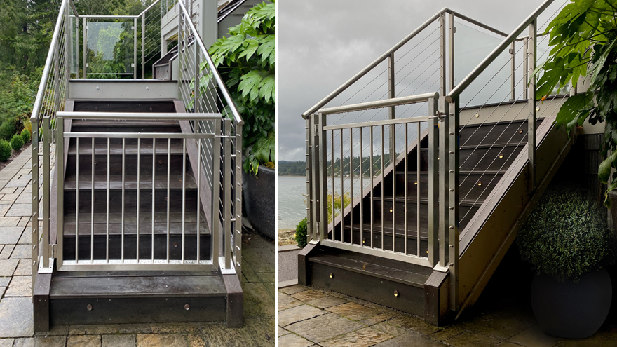 Mixed infill railing system includes an gate with bar railing.