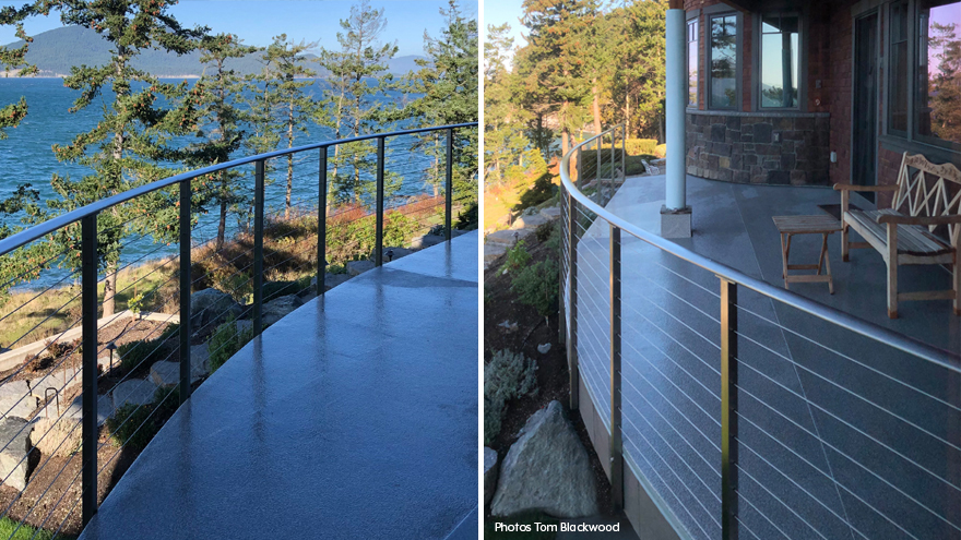 Two views of side mount railing posts. Railing posts can be top mount, core mount or side mount. This home feature top mount and side mount railing systems.