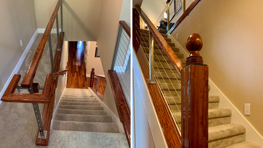 Cable railing paired with wood handrail and wood newel posts.