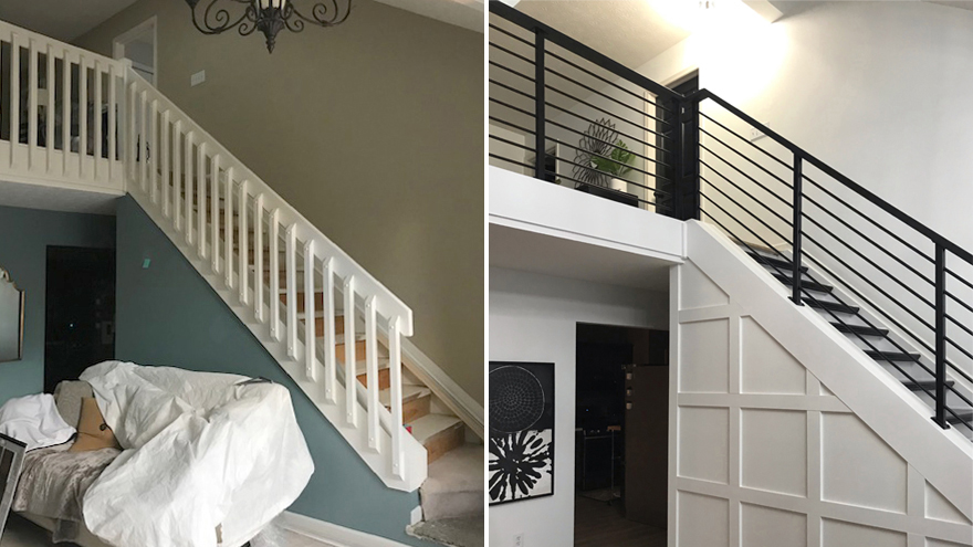 black bar railing on stairway remodel.