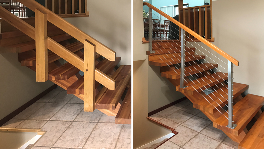 Cable railing starcase remodel with custom railing posts.