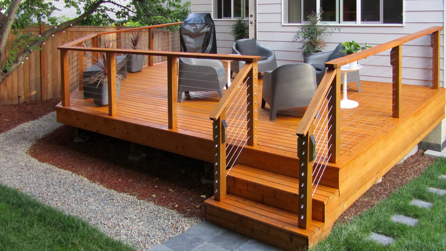 DIY wire railing with wood posts. Deck cable railing system for DIY projects. DIY railing kit.