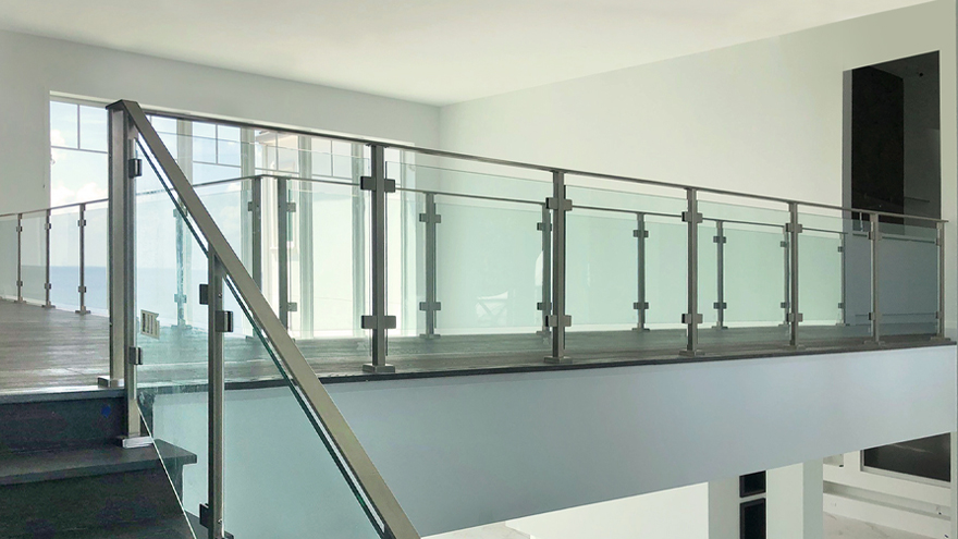 glass railing on balcony. The mezzanine glass rail and stair glass railing system are all featured in the glass railing picture.