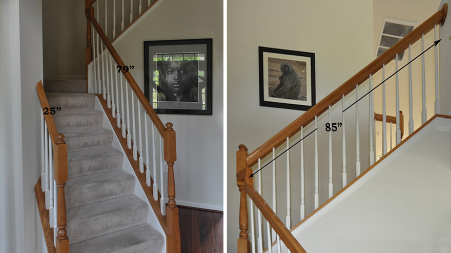 DIY stair railing remodel, how to measure your stairs for a staircase makeover sample.