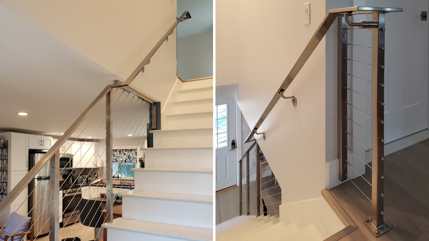 cable rail attached to dry wall and handrail transition, custom wire rail.