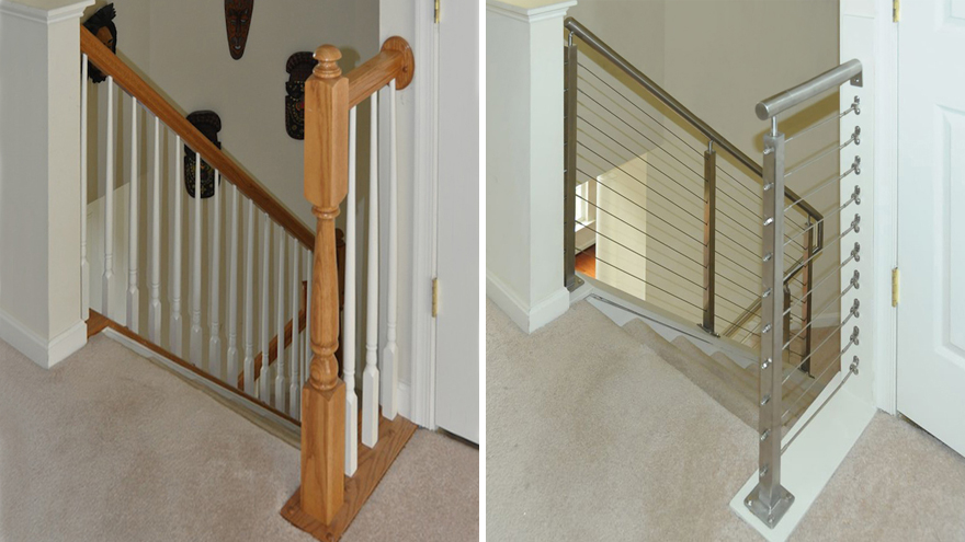 narrow railing section for top of stairs. Before and After railing remodel.