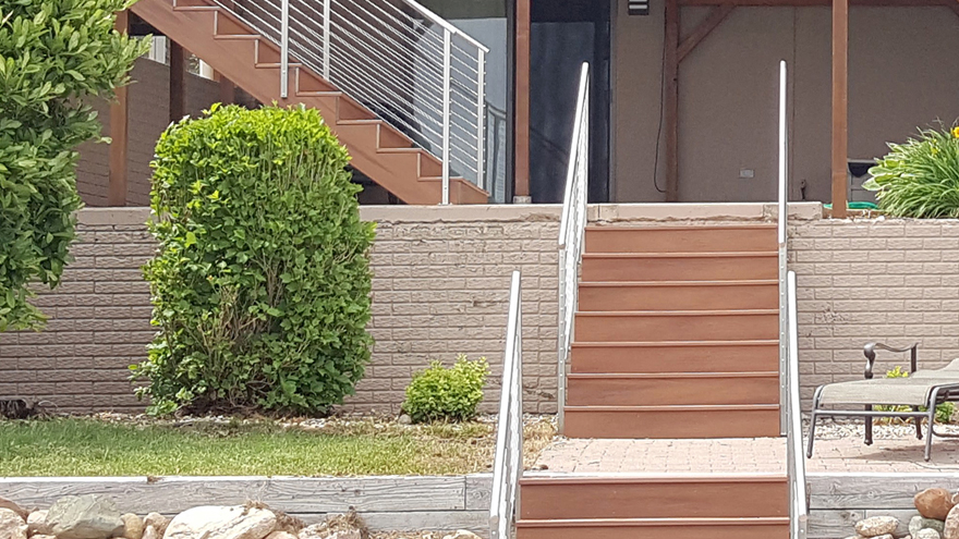 Cable railing side view and front view of steps with wire railing.