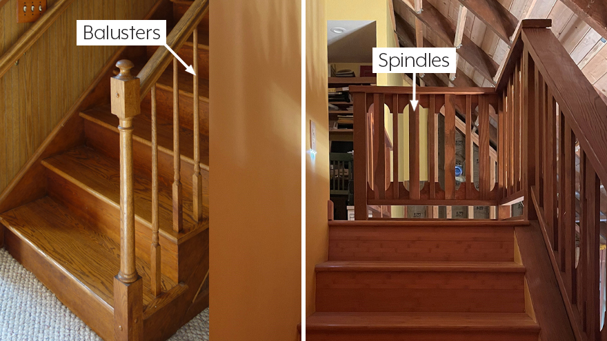 Stair railing terminology, illustrated photo detailing the difference between balusters and spindles.
