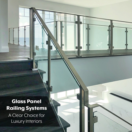 Glass railing balcony and glass rail on stairs.