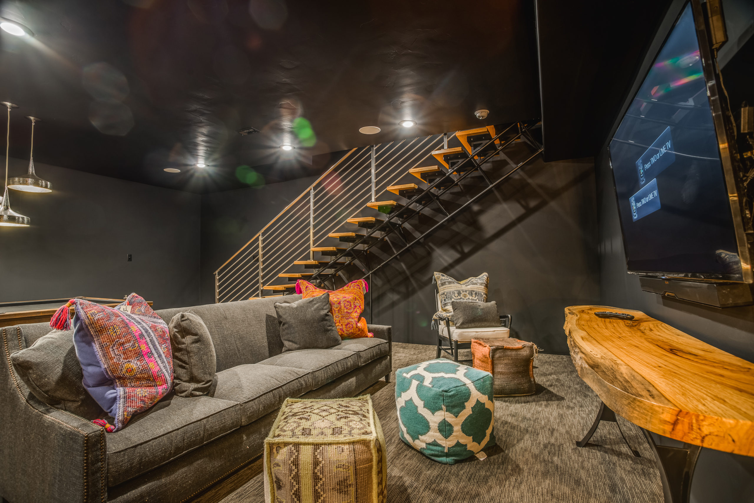 Basement stair railing, floating stairs with modern horizontal railing.