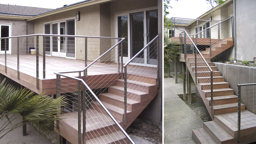 Deck cable railing with switchback stair layout and 90 degree turns. This railing picture is one of the railing manufacturer's most pinned images on Pinterest.