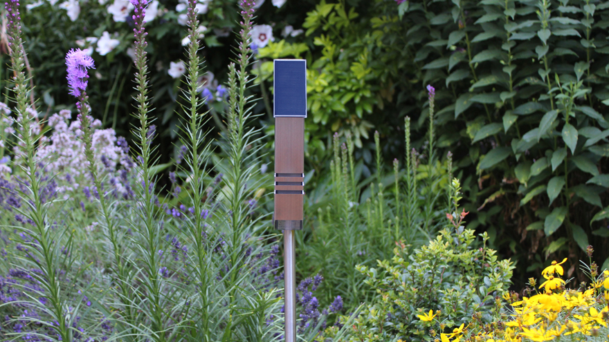 Elegant stainless steel accent light, a solar powered light with a classic design.