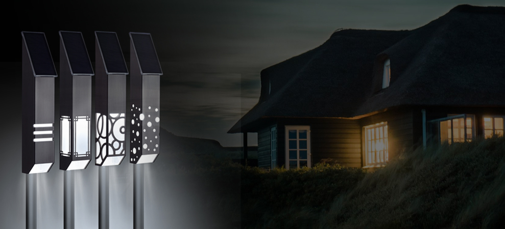 LED solar-powered accent lights in four decorative designs.