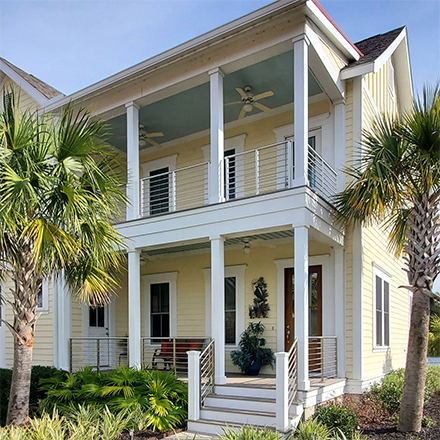 Stainless and wood balcony railing. South Carolina balcony railing idea.