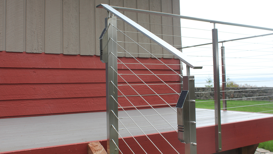 Solar powered accent lights for stairs, decks and patios. LED deck stair lighting can be attached to posts. Alternatively railing with microlights embedded to create handrail lights, may be an option.