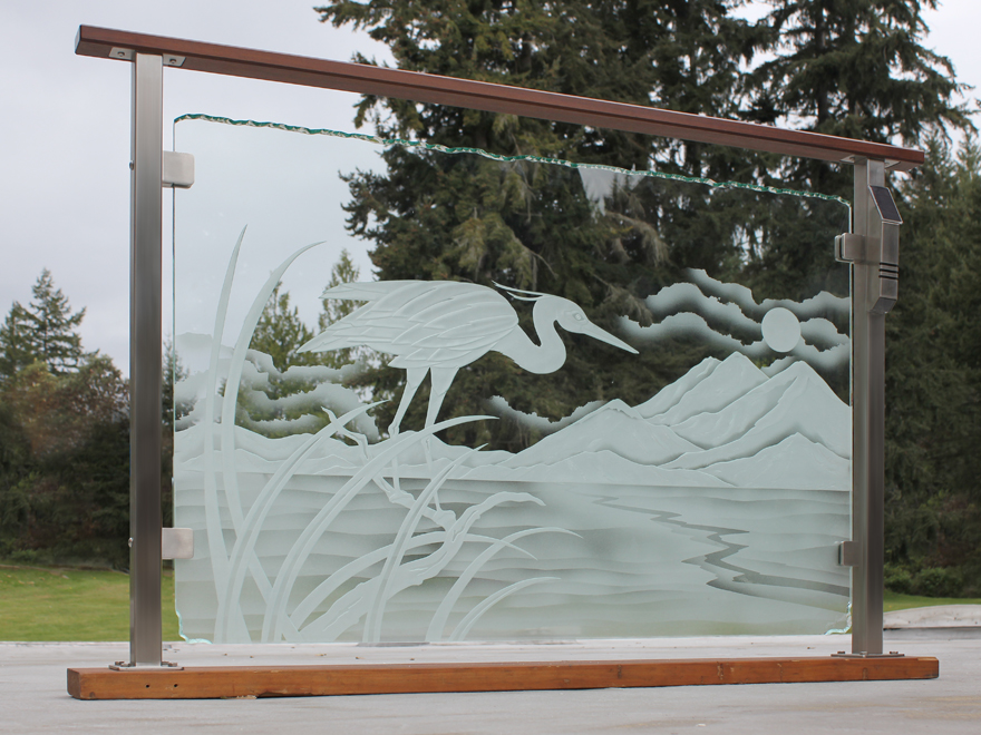 Glass deck railing panels can be customized to accomodate any layout. A glass banister can be etched and decorated artwork of your choosing.