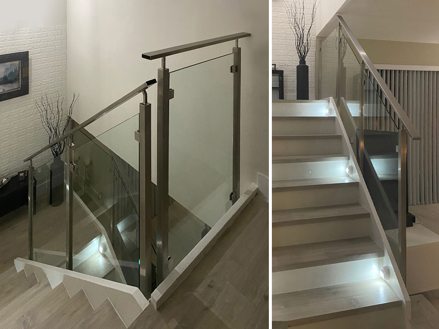 Interior glass stair railing kits are available for standard stair layouts. For unusual staircase layouts, you many need custom glass railing parts. Glass railing options include the ability to customize your post mount method.