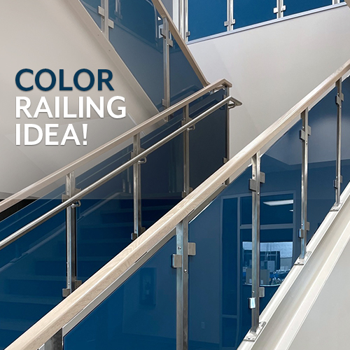 Blue glass railing idea for commercial business.