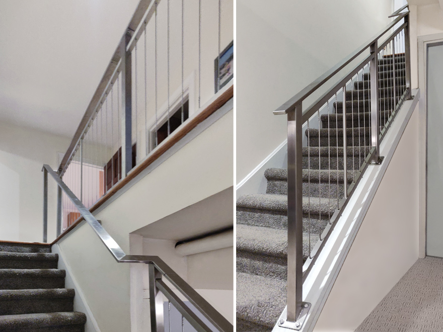 Stainless steel vertical stair railing system (pictured). Consider cable or rod balusters or metal spindles for stairs if you want to create a modern home design.